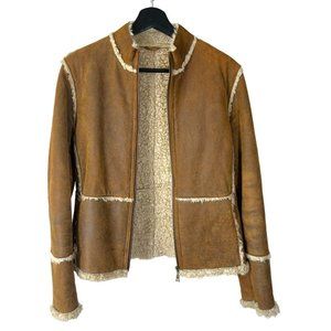 Rogue Reilly Olms Brown Leather Faux Shearling Panel Zip Up Jacket Small